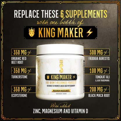 King Maker Supplement King Maker 13-in-1 Power Packed ingredients made specifically for men. A powerful formula to help you increase stamina, build lean muscle, and quick recovery.